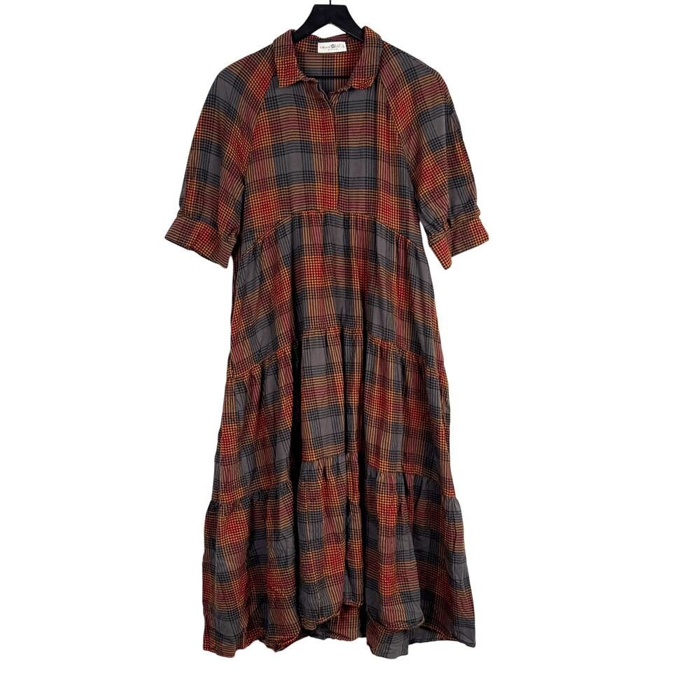 Natural Life Plaid Popover Midi Tiered Dress Gray Orange - L